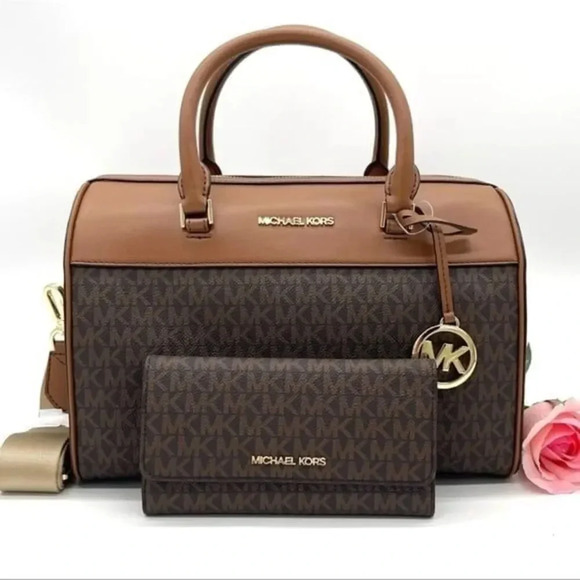 Michael Kors Medium Duffle Satchel Crossbody Bag & Trifold Wallet Brown - Picture 2 of 11